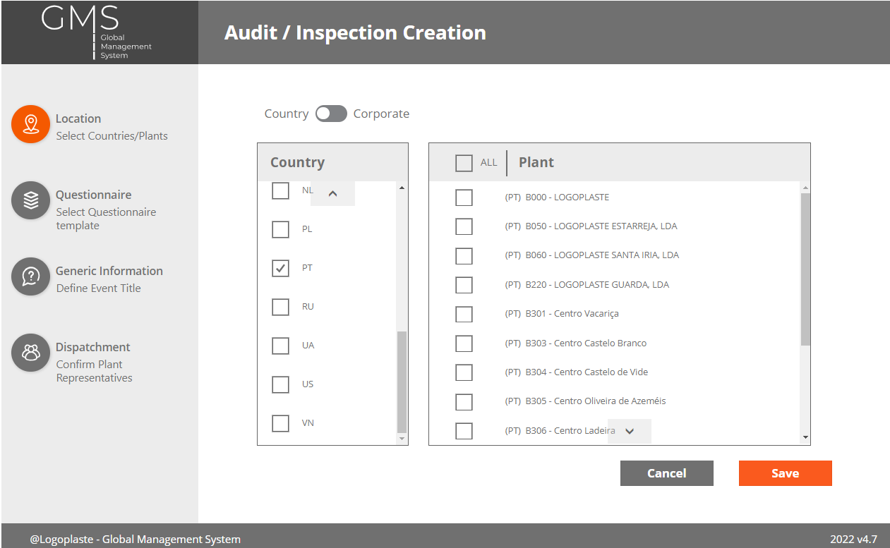 GMS 01 Audit Inspection Creation Location