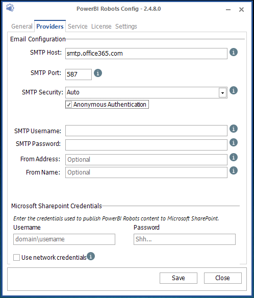 Pick Anonymous Authentication to test PowerBI Robots without setting up an SMTP server