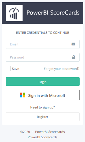 PowerBI Scorecards - login screen