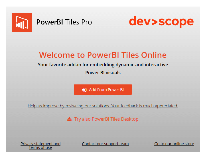 PowerBI Tiles Online welcome screen