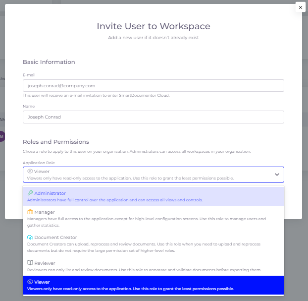 Process Invoices and Receipts with SmartDocumentor Cloud - Invite a user to a workspace