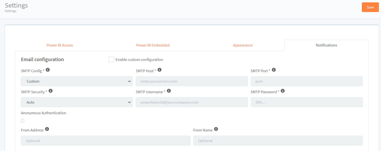 PowerBI Portal SMTP configuration