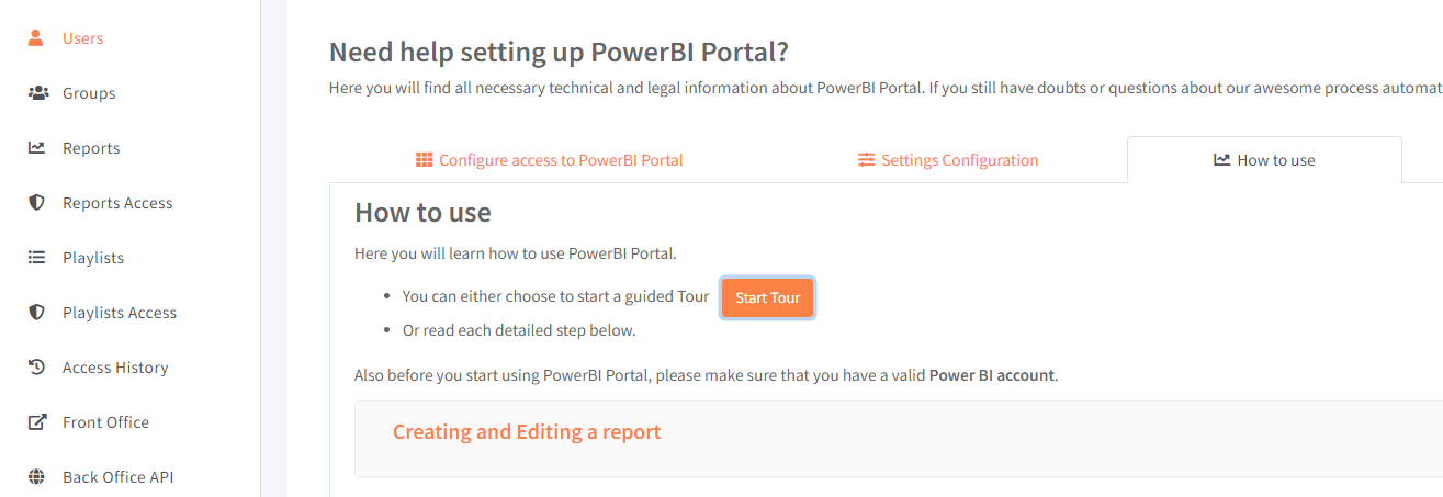 Starting a tour in PowerBI Portal